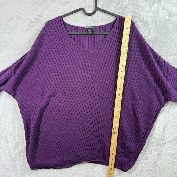 Eileen Fisher Purple Ribbed Sweater Size Large Cotton Silk Blend Boxy Casual - Picture 12 of 14